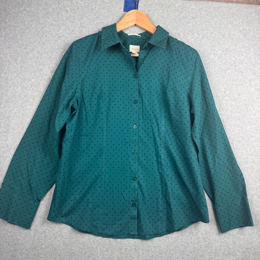 Chicos Shirt Size 1 Womens Medium Teal Green Diamond Dot Cotton No Iron Button
